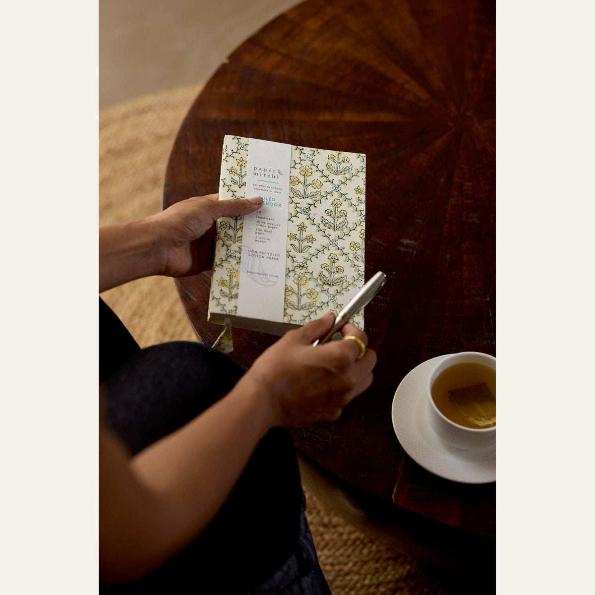 Block Printed Ruled Notebook (A5) - Floral Lattice Buttercream