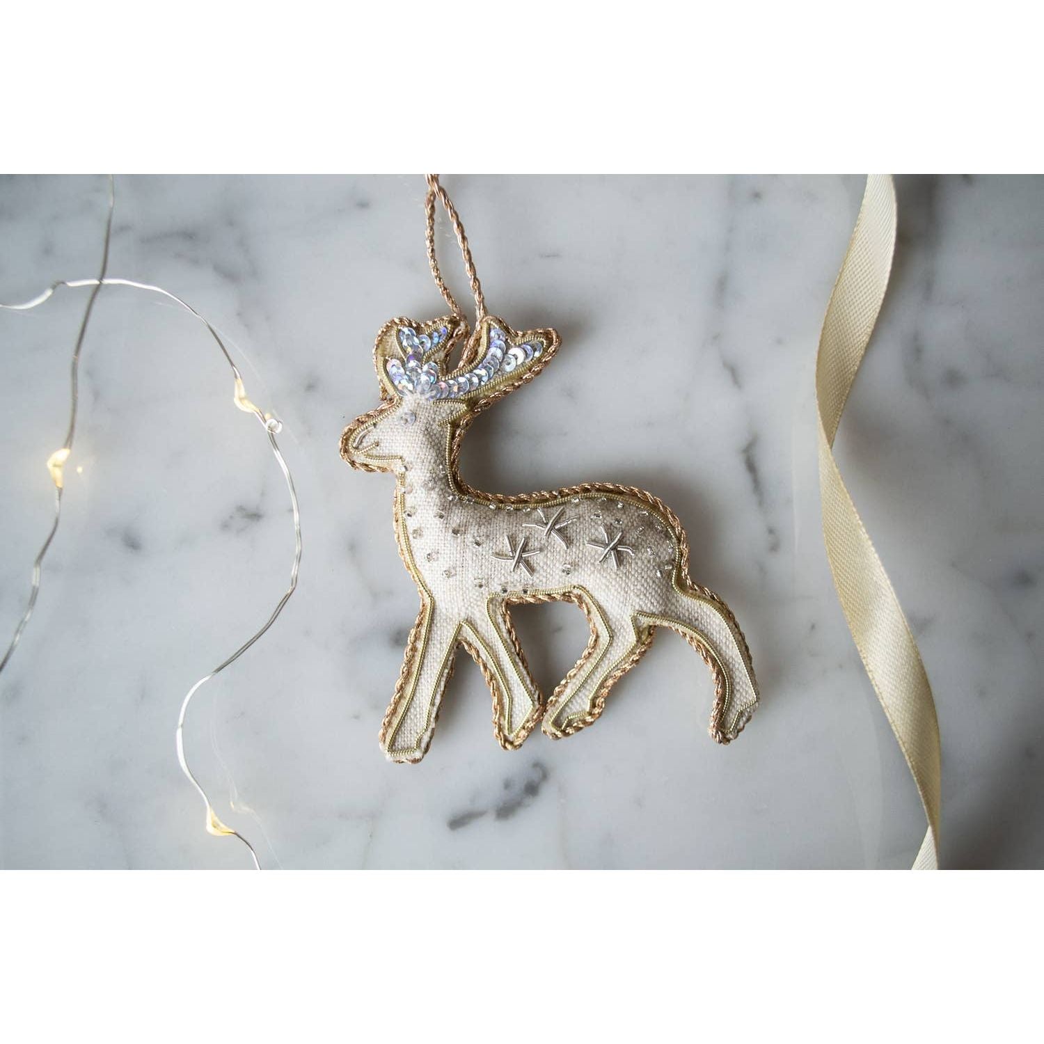 Handmade Reindeer Irish Linen Holiday Ornament