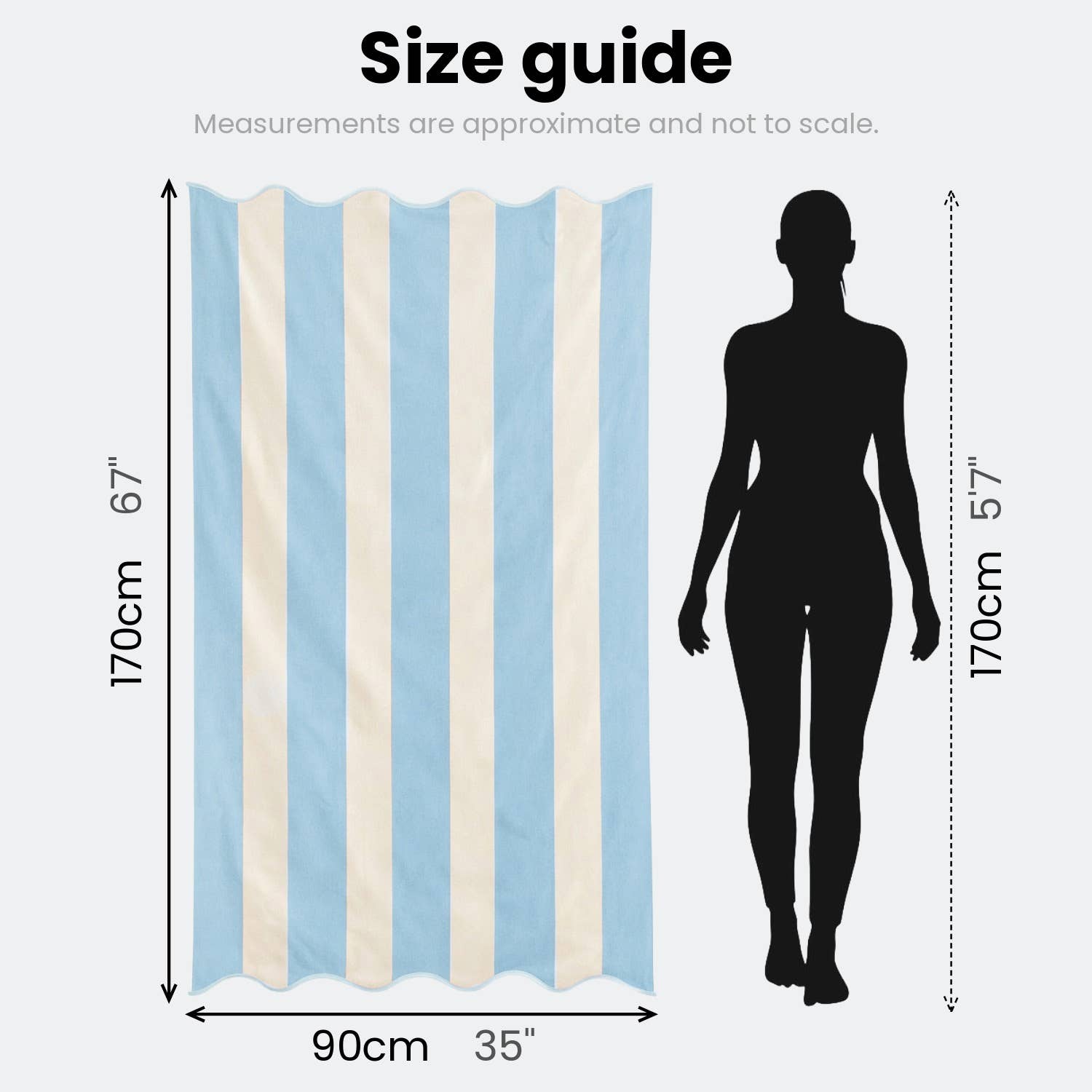 Large Scalloped Striped Beach Towel 90 x 170cm - 100% Cotton: Ice Blue
