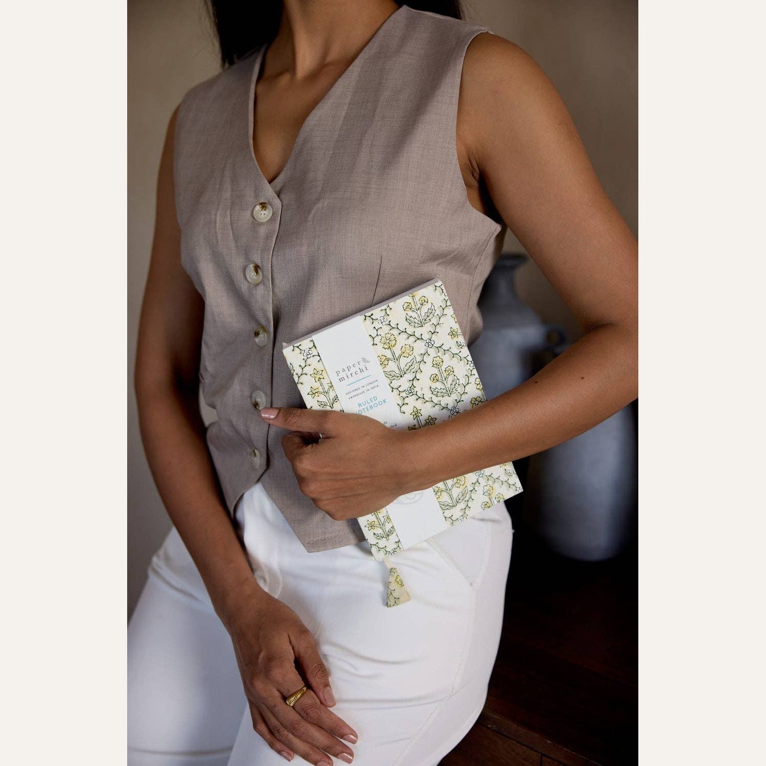Block Printed Ruled Notebook (A5) - Floral Lattice Buttercream