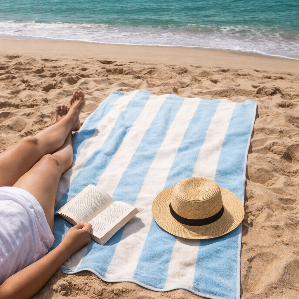 Large Scalloped Striped Beach Towel 90 x 170cm - 100% Cotton: Green