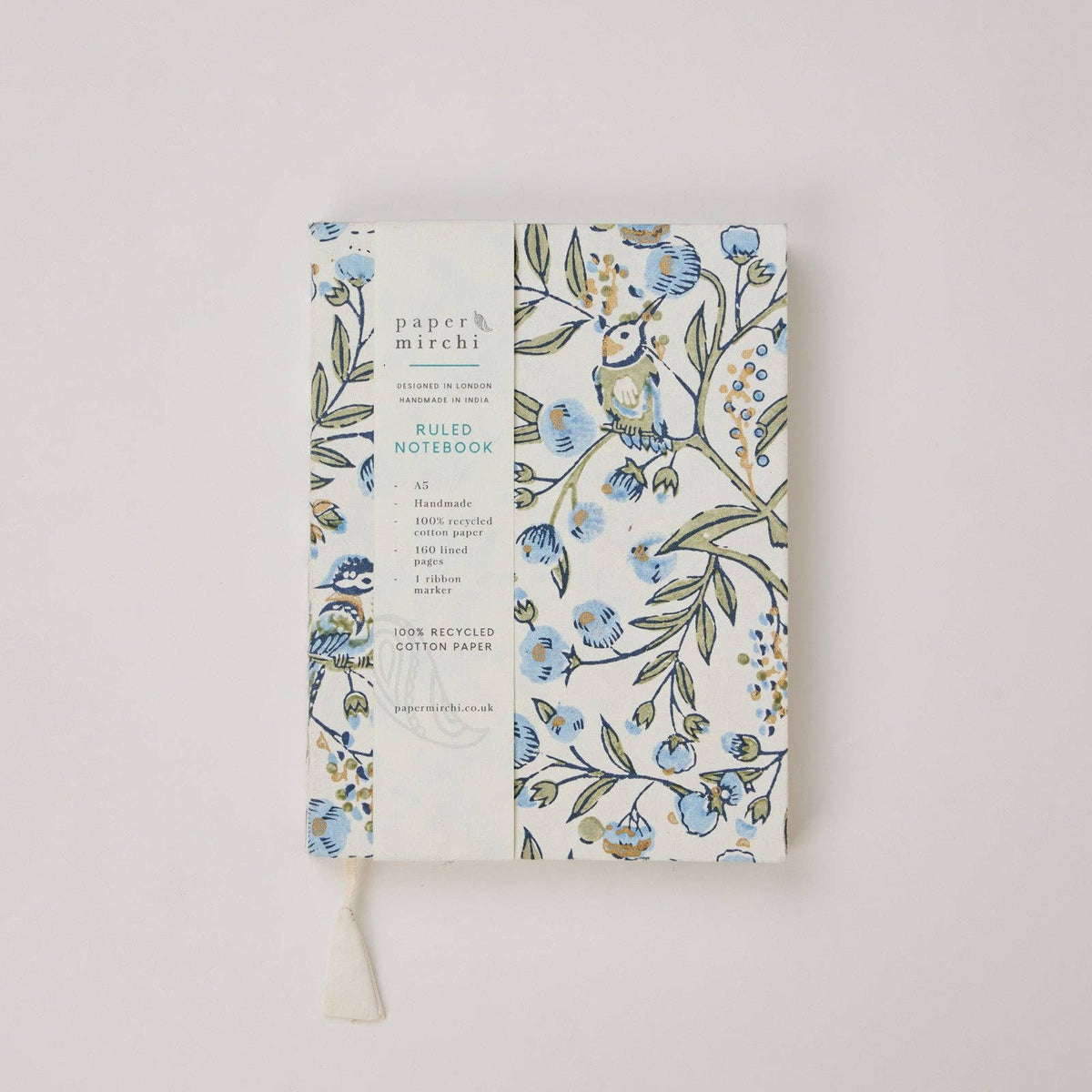 Block Printed Ruled Notebook (A5) - Songbird Blue Stone