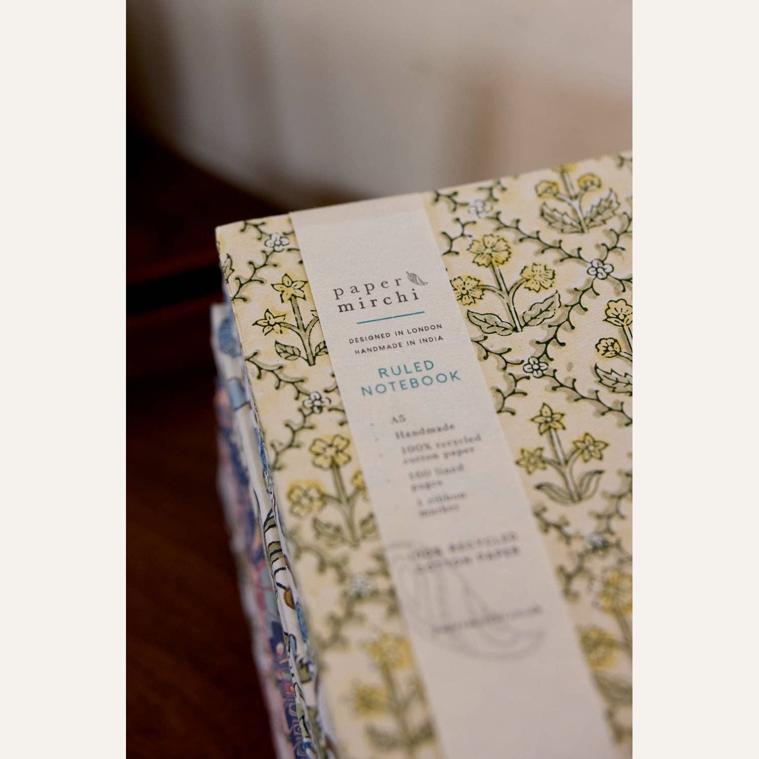 Block Printed Ruled Notebook (A5) - Floral Lattice Buttercream